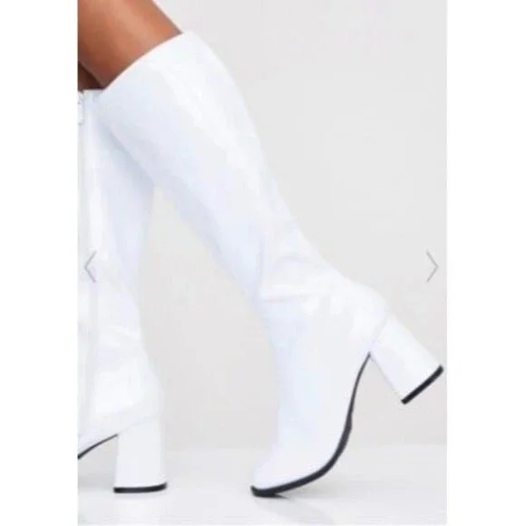 Ellie 3" White Patent Gogo Costume Knee Boots Women’s Size 7 New in Box Zipper - Picture 9 of 9